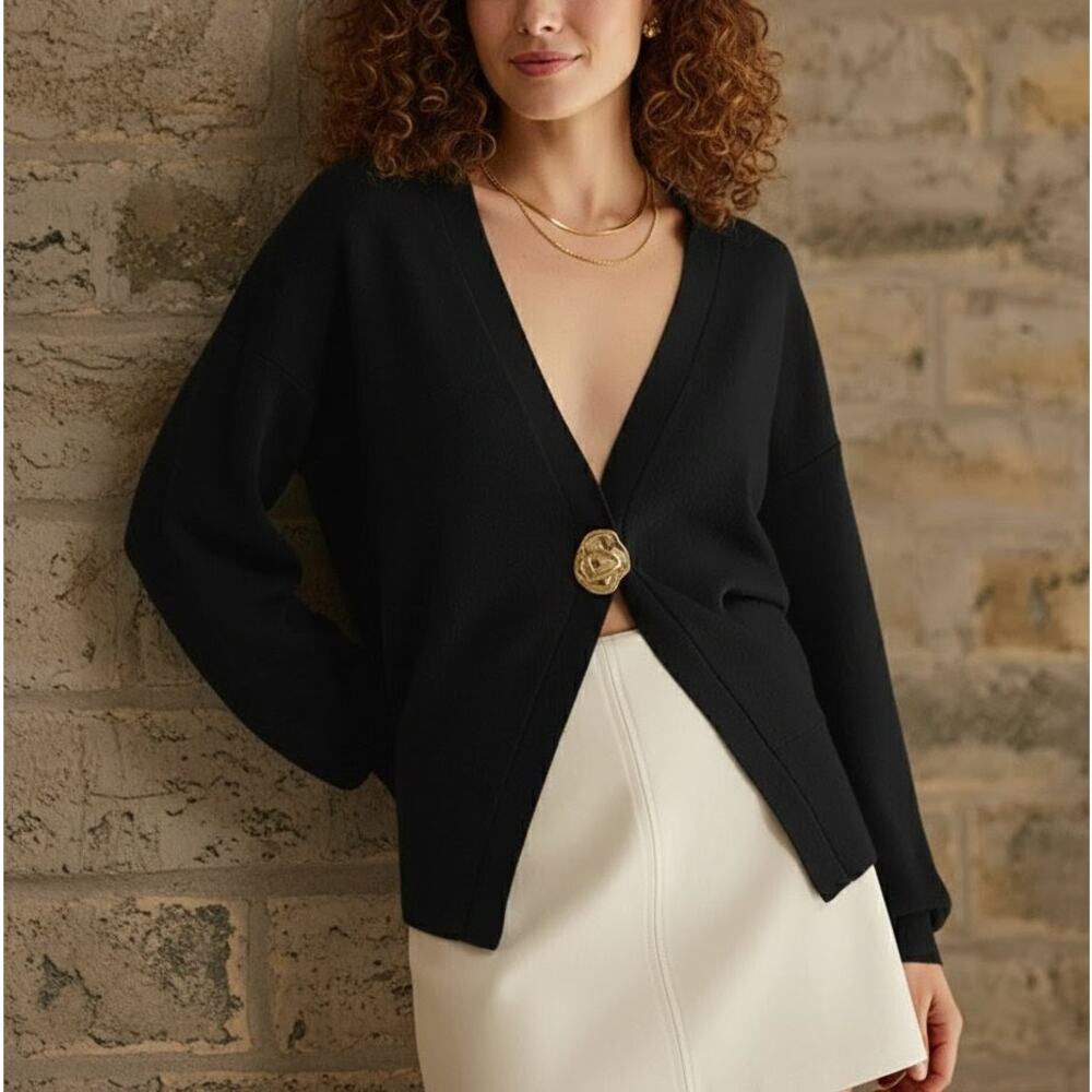 Commense Golden Button Plain Cardigan - Black NWT Sculptural Gold Button Size S